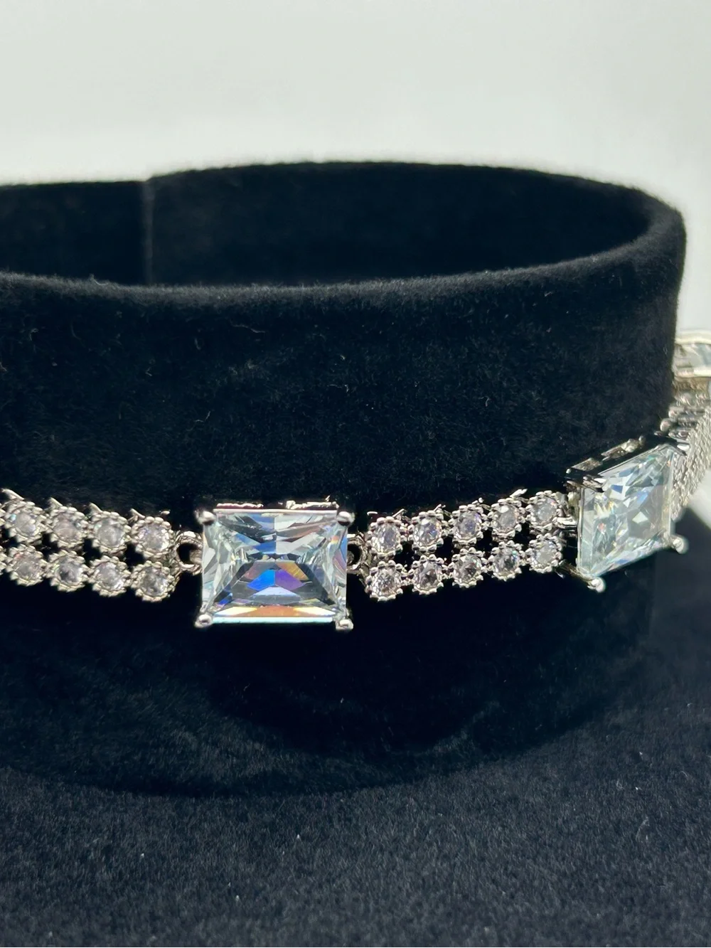 Pale Blue Square Crystal Silver Tone Bracelet 7in